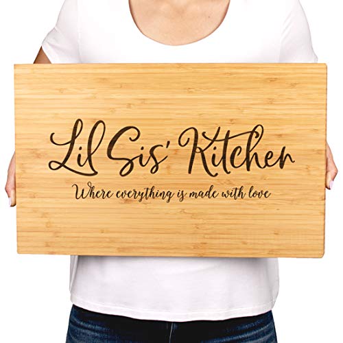 Andaz Press Large Bamboo Wood Cutting Board Gift, 17.75 x 11-inch, Lil Sis' Kitchen Where Everything is Made With Love, 1-Pack, Engraved Serving Chopping Board Christmas Birthday Chef Kitchen Ideas - color: Lil Sis