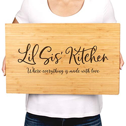 Andaz Press Large Bamboo Wood Cutting Board Gift, 17.75 x 11-inch, Lil Sis' Kitchen Where Everything is Made With Love, 1-Pack, Engraved Serving Chopping Board Christmas Birthday Chef Kitchen Ideas - color: Lil Sis