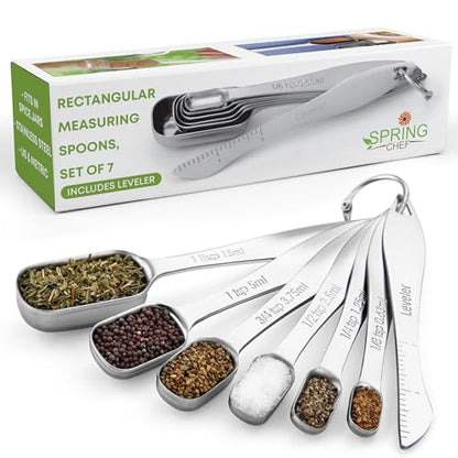 Spring Chef Stainless Steel Measuring Spoons Set of 7 with Leveler, Rectangular Metal Teaspoon & Tablespoon Measuring Spoons for Dry & Liquid Ingredients - Nesting Kitchen Gadgets For Baking & Cooking - style: Spoons - Set of 7