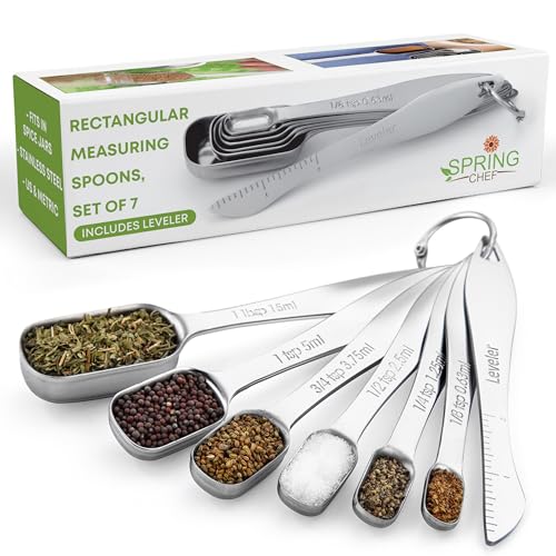 Spring Chef Stainless Steel Measuring Spoons Set of 7 with Leveler, Rectangular Metal Teaspoon & Tablespoon Measuring Spoons for Dry & Liquid Ingredients - Nesting Kitchen Gadgets For Baking & Cooking - style: Spoons - Set of 7