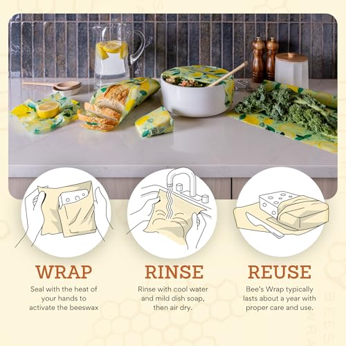 Bee's Wrap - Limited Edition - Beeswax Wraps for Food - 3 Pack of Assorted Beeswax Wraps - Small, Medium & Large Wrap - Plastic Free Made in USA Reusable Natural Food Wrap - Fresh Squeeze Print - style: 3 Pack (Fresh Squeeze)