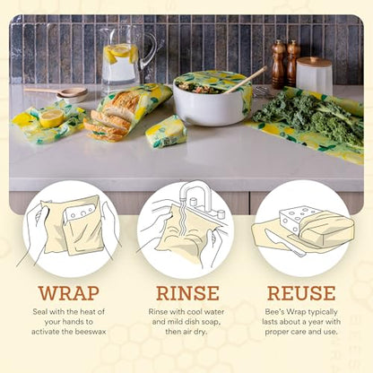 Bee's Wrap - Limited Edition - Beeswax Wraps for Food - 3 Pack of Assorted Beeswax Wraps - Small, Medium & Large Wrap - Plastic Free Made in USA Reusable Natural Food Wrap - Fresh Squeeze Print - style: 3 Pack (Fresh Squeeze)