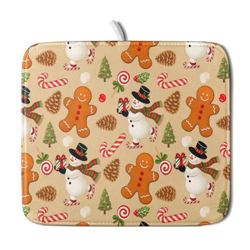 Xmas Gingerbread Man Candy Cane Dish Drying Mat for Kitchen Counter,Winter Snowman Pinecone Drying Mat 16 x 18 Inch with High Absorbent Microfiber Drainer Mat for Coffee Bar - color: Gingerbread Man, size: 16" x 18"