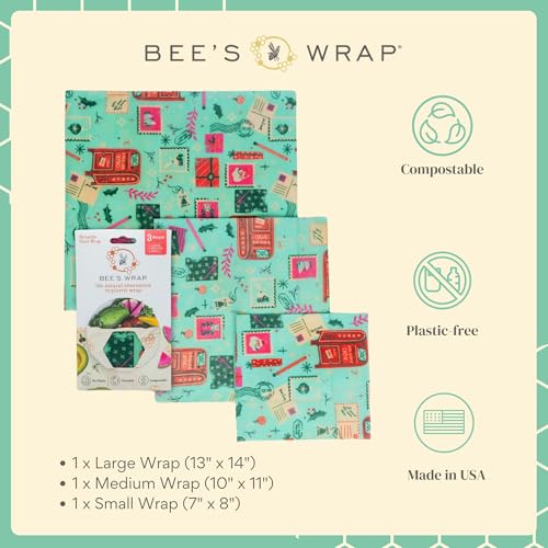 Bee's Wrap Beeswax Wraps for Food - 3 Pack of Assorted Beeswax Wraps - Small, Medium & Large Wrap - Plastic Free Made in USA Reusable Natural Food Wrap - Season's Greetings Print - style: 3 Pack (Season's Greetings)