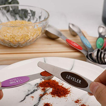 Magnetic Measuring Spoons Set of 9 Stainless Steel Stackable Dual Sided Teaspoon Tablespoon for Measuring Dry and Liquid Ingredients Fits in Spice Jars - color: Measuring Spoons