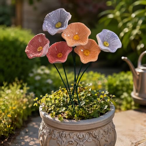 Ceramic Bee Watering Station for Garden | 6Pcs 25cm Bee Blossoms for Water Ceramic | Pollinator Feeder Flowers for Bees | Water Drinking Station Bowl | Rain Catcher Mini Bird Baths On Stakes