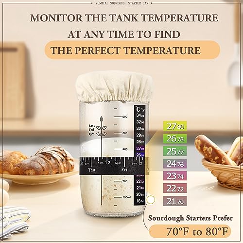 zunmial Sourdough Starter Jar, 24 oz Sourdough Starter Kit with Date Marked Feeding Band, Thermometer, Cloth Cover & Metal Lid, Reusable Sourdough Bread Baking Supplies, Home Baking Supplies