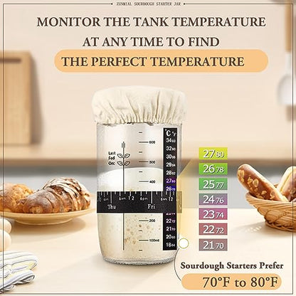 zunmial Sourdough Starter Jar, 24 oz Sourdough Starter Kit with Date Marked Feeding Band, Thermometer, Cloth Cover & Metal Lid, Reusable Sourdough Bread Baking Supplies, Home Baking Supplies
