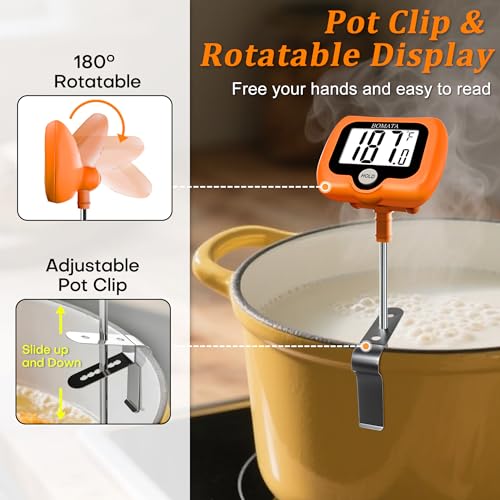 BOMATA Digital Candy Thermometer with Pot Clip, Deep Fry Oil Thermometer with Rotatable Display & Long Probe, for Candy Candle Making, Cooking, Food, Liquids, Water, Sugar.. Orange - color: Orange
