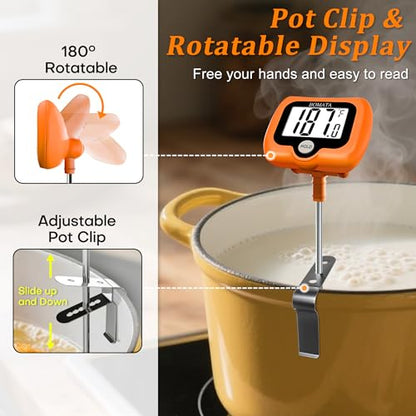 BOMATA Digital Candy Thermometer with Pot Clip, Deep Fry Oil Thermometer with Rotatable Display & Long Probe, for Candy Candle Making, Cooking, Food, Liquids, Water, Sugar.. Orange - color: Orange