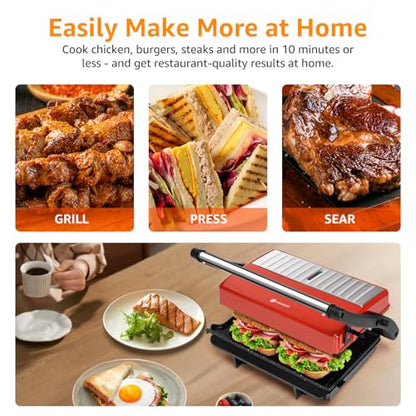 Panini Press Grill, Aigostar 1000W Sandwich Maker with Ceramic Non-stick Plates, Opens 180 Degrees for Any Size Food, 3-in-1 Sandwich Press Electric Grill, Drip Spout & Locking Lid, Red - color: Red