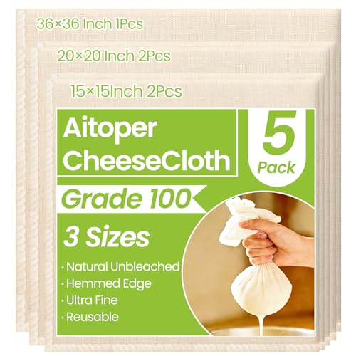 Cheese Cloths, 5 Pcs Organic Cheesecloth for Straining Cooking | 3 Sizes Reusable Cheese Cloth, Grade 100, Unbleached Cotton Muslin Cloth with Hemmed Edges, 36x36/20x20/15x15 Inch