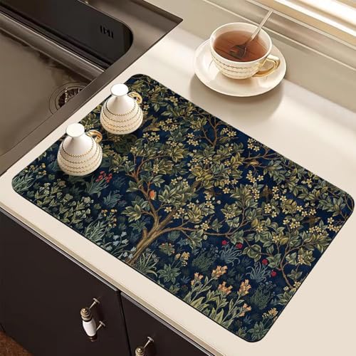 Dish Drying Mat for Kitchen Counter, Vintage Tree of Life, Absorbent Quick Dry Pad with Rubber Backing, Draining Mat Dish Rack Pad for Dishes, Utensils, Countertops, Sinks 12" x 20 - color: Vintage Tree of Life