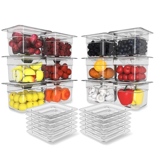 NSF Polycarbonate Food Pans with Lids 12-Pack 1/6 Size 2.5" Deep Clear Hotel Pans Dishwasher Safe Commercial Food Storage Containers for Prep Tables, Buffet, Salad Bar, Restaurant&Home Kitchen - color: 12 PCS, size: 2.5'' Deep