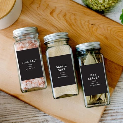 230 Black Spice Labels by ThreeKin | Waterproof & Oil-Resistant Pre-Printed Stickers for Spice Jars | Durable, BPA-Free Seasoning Labels | Easy-Clean, No-Residue Design | Proudly Female & USA Owned - color: Black