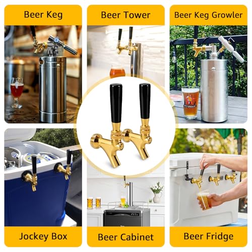 Standard 1-1/8‘’ Beer Faucet Beer Dispenser Tap for Draft Beer Kegerator Tower System Beer Shanks, 304 Stainless Steel Core Smooth Pouring Beer Keg Tap Faucet with Dustproof Plugs Brush (Golden, 2PCS)