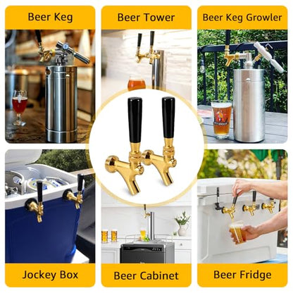 Standard 1-1/8‘’ Beer Faucet Beer Dispenser Tap for Draft Beer Kegerator Tower System Beer Shanks, 304 Stainless Steel Core Smooth Pouring Beer Keg Tap Faucet with Dustproof Plugs Brush (Golden, 2PCS)