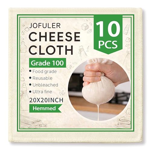 10 Pcs Cheese Cloths, 20x20 Inch Grade 100 Hemmed CheeseCloth for Cooking, Reusable Unbleached Cotton Strainer for Juicing, Baking, Cheese and Yogurt Making