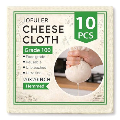 10 Pcs Cheese Cloths, 20x20 Inch Grade 100 Hemmed CheeseCloth for Cooking, Reusable Unbleached Cotton Strainer for Juicing, Baking, Cheese and Yogurt Making