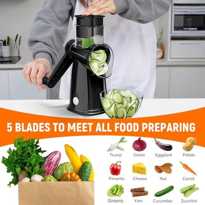 Rotary Cheese Grater Hand Crank, 5-in-1 Vegetable Shredder Chopper Spiralizer Slicer with 5 Interchangeable Blades for Vegetable, Cheese, Fruit, with Blades Storage Box & Stable Suction Base (Black) - color: Black