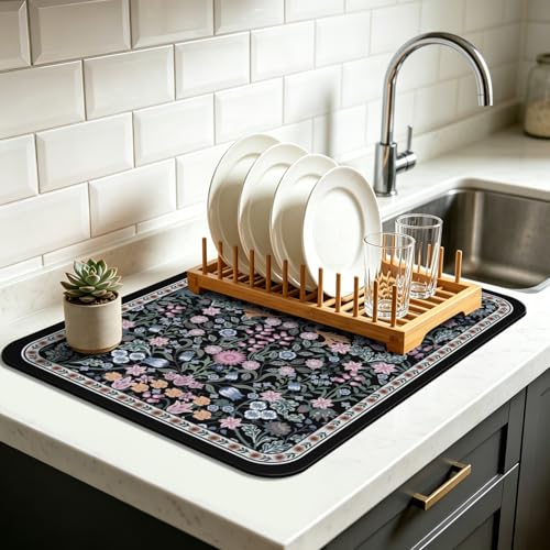 Vintage Floral Dish Drying Mat 16x18 Inch, Dish Mat Drying Kitchen Mats for Extra Large Absorbent Countertop, Aesthetic Boho Drying Matt Kitchen Counter Washable Heat Resistant Dish Drainer Rack Mat - color: Bohemian Flowers-5, size: 18" x 16"