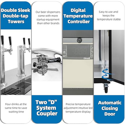 Polarman Commercial Beer Dispenser Two Single-tap Draft Kegerator 3 Door Keg Refrigerator for Bars and Restaurants 73” W Stainless Steel With 4 Coupler, 33°F- 41°F Temperature Control-Direct Draw - size: 73"W Two tower Double-tap