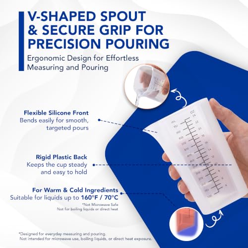 Plastic Measuring Cups Set of 2 (1 Cup & 3 Cup with Oz & mL Markings) | Tall, Thin, No Handle, Non-Slip Grip, Narrow V Shaped Angled Silicone Pouring Spout, Easy Read Measurements, Dishwasher-Safe
