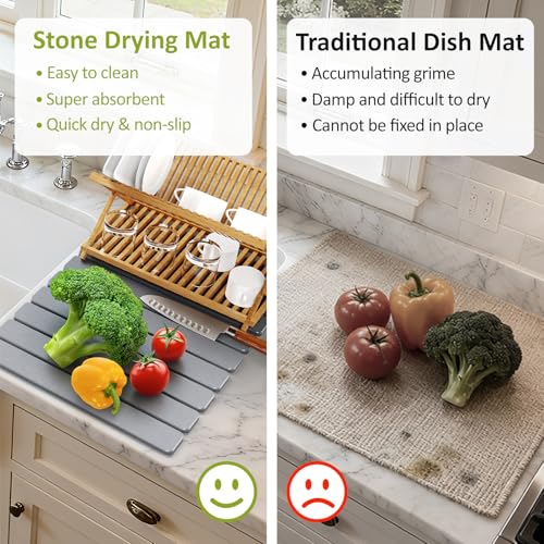 Large Stone Dish Drying Mat for Kitchen Counter, 24"(L)×16"(W), Collapsible Quick Dry Stone Dish Mats, Super Absorbent Diatomaceous Earth Drying Pad for Dishes Bottles Cups, Countertops (Light Grey) - color: Light Grey