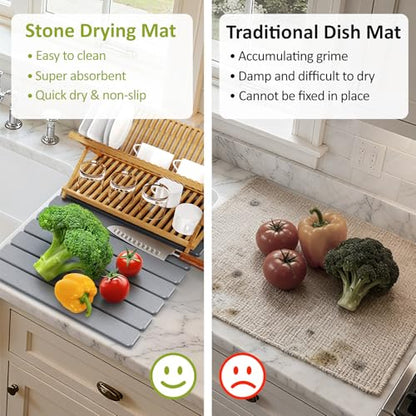 Large Stone Dish Drying Mat for Kitchen Counter, 24"(L)×16"(W), Collapsible Quick Dry Stone Dish Mats, Super Absorbent Diatomaceous Earth Drying Pad for Dishes Bottles Cups, Countertops (Light Grey) - color: Light Grey