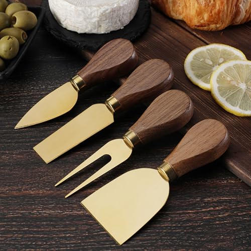 Linwnil 4-Piece Set of Stainless Steel Cheese Knives with Wood Hand, Including Cheese Slicer and Cheese Cutters, Essential Cheese Tools for the Kitchen (Walnut handle, Gold) - color: Gold