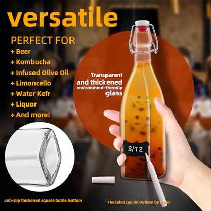 2 Pack 25oz Square Swing Top Glass Bottles, 750ML Bottles with Airtight Stoppers for Kombucha, Kefir, Vanilla Extract, Beer(Bonus Gaskets, Labels and Funnel)