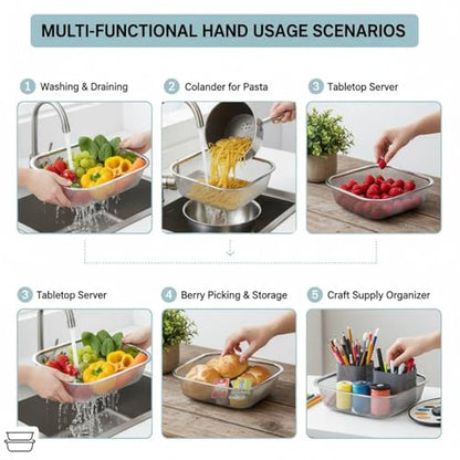 18/8 Stainless Steel Colander Strainer for Kitchen, Rectangular Colander for Pasta, Vegetables, Fruits, Rustproof & Dishwasher Safe (8.27 x 6.69 x 2.17 inch) - size: 8.27 x 6.69 x 2.17 inch