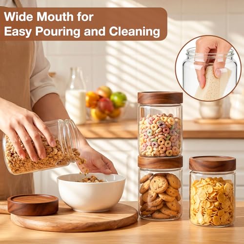 CONNOO 28oz Glass Storage Jars with Wood Lids (6-Pack) – Includes 120 Pre-Printed Waterproof White Kitchen Labels – Airtight Pantry Containers for Rolled Oats, Pasta & Cereals - size: cylindrical/28oz/6pcs