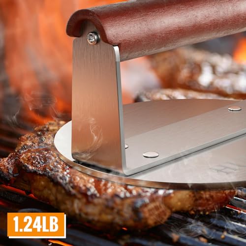 HULISEN Burger Smasher, Stainless Steel Smashed Burger Press, 6 Inch Hamburger Press for Griddle, Heavy-Duty Grill Press with Wood Handle, BBQ Accessories Tool, Weights 1.24 lb, Gift Wrapping - size: 6 Inch Round Press