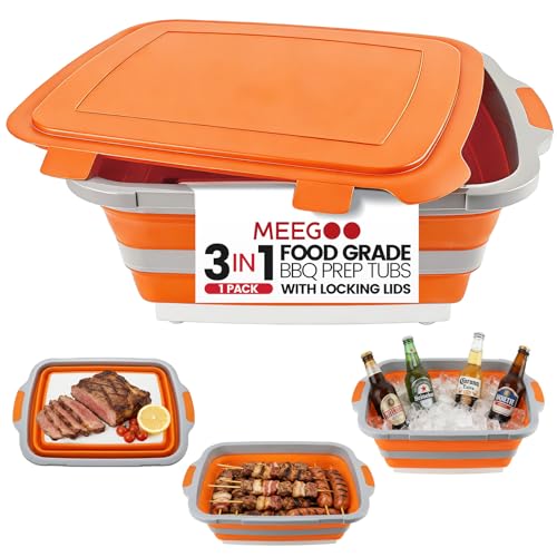 BBQ Prep Tub 3-IN-1 Large 30L Collapsible Cutting Board with Locking Lid for Meal Prep Marinating Food, Camping Sink with Colander, Dish Basin, Storage Blanket for Camping Picnic BBQ, Orange - color: 30L Locked