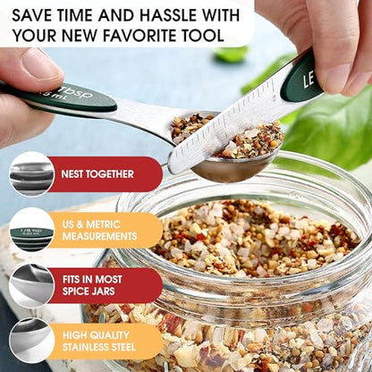 Spring Chef Stainless Steel Magnetic Measuring Spoons Set of 8 with Leveler, Stackable Magnetic Teaspoon & Tablespoon Set, Metal Kitchen Gadgets for Baking & Cooking, Fits in Spice Jars - Pine Green - color: Pine Green, size: 1-Pack