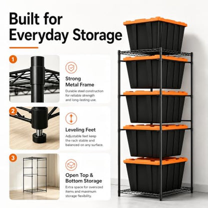 5-Tier Tote Storage Rack for 27 Gallon Bins, Metal Storage Bin Rack Organizer System, Wire Storage Shelving Unit for 18-20.6" Lid Width Totes, 250 lb Capacity, Garage Pantry Basement, Rack Only (1)