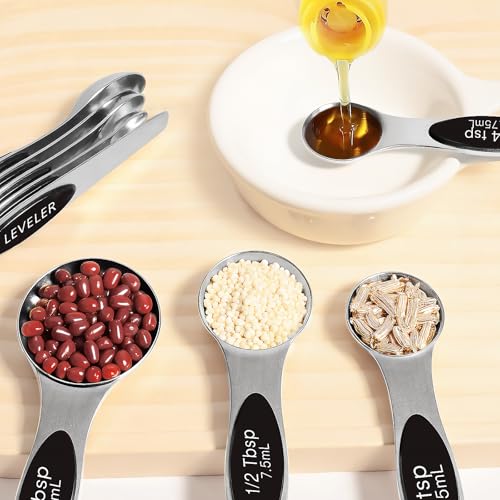 13pcs Stainless Steel Measuring Cups and Spoons Set, Including 8 Double-Sided Magnetic Measuring Spoons Set & 1 Leveler, 4 Metal Measuring Cups - color: Black