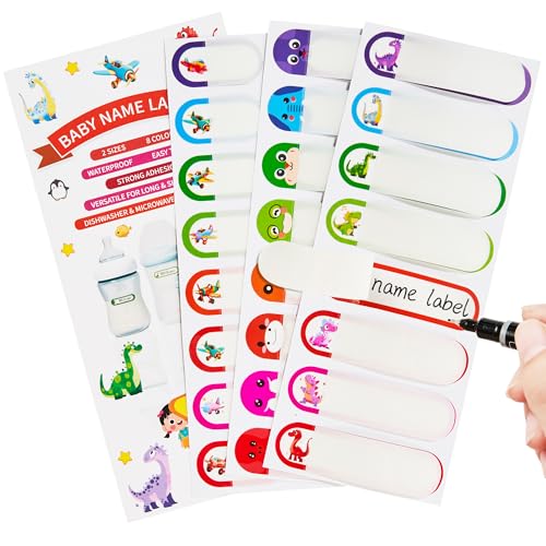 Name Tag Stickers for Daycare, Self-Laminating, Write-On Waterproof Baby Bottle Labels, Dishwasher Safe, Reusable Labels, Assorted Sizes & Colors, Pack of 64 - color: Colorful