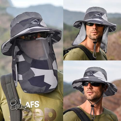 Sun Hats for Men Women Fishing Hat UPF 50+ Breathable Wide Brim Summer UV Protection Hat - color: Camo Dark Grey(with Face Cover & Neck Flap )