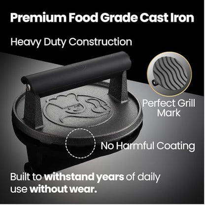 Gourmet Easy Cast Iron Smash Burger Press with Heat Resisitant Handle | Heat-Resistant Handle for a Secure Grip, 2lbs Weight, Ideal for Smash Burgers and Grills, Dishwasher Safe, 5-Year Warranty - color: Burger Press Cast Iron