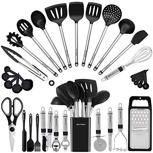Kitchen Utensil Set-Silicone Cooking Utensils-33 Kitchen Gadgets & Spoons for Nonstick Cookware-Silicone and Stainless Steel Spatula Set-Best Kitchen Tools, Useful Pots and Pans Accessories - color: Black