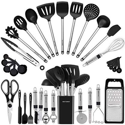 Kitchen Utensil Set-Silicone Cooking Utensils-33 Kitchen Gadgets & Spoons for Nonstick Cookware-Silicone and Stainless Steel Spatula Set-Best Kitchen Tools, Useful Pots and Pans Accessories - color: Black