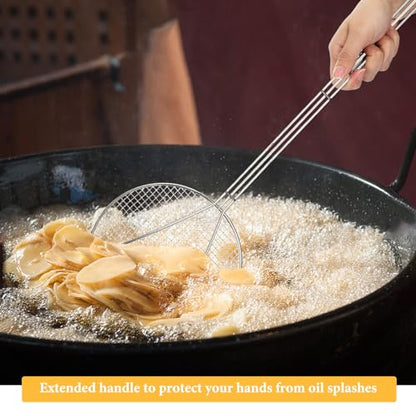 Baderke 2 Pcs 36 Inch Round Plated Wire Skimmer Stainless Steel Food Strainer Spoon Mesh Stirring Fryer Skimmer with Long Handle for Kitchen Fried Food Cooking Straining Frying - size: 36 Inch
