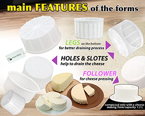 PetriStor 7pcs Cheese Making Kit Beginners №1 - Soft Cheese Molds + Cheese Mold with a Follower Piston - Cheese Making Supplies - Cream Cheese Form Mold Basket