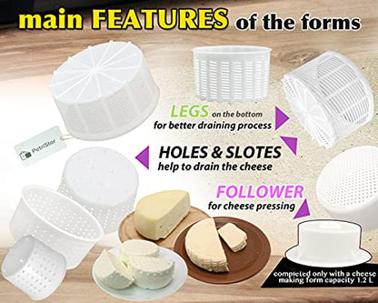 PetriStor 7pcs Cheese Making Kit Beginners №1 - Soft Cheese Molds + Cheese Mold with a Follower Piston - Cheese Making Supplies - Cream Cheese Form Mold Basket