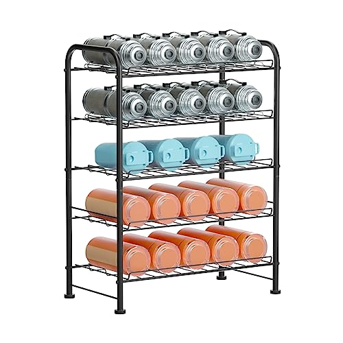 OYEAL Plastic Water Bottle Storage Rack 5 Tier Bottled Water Holder Organizer Freestanding Floor Small Beverage Soda Drink Stand Shelf for Kitchen Pantry Can Storage, Hold 30 Bottles, Black