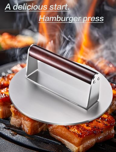 Heavy Duty 2.5 lb Stainless Steel Burger Press – 8.5 Inch Smash Burger Press Hamburger & Bacon Press for Steak, Meat, Flat Top Grill & BBQ, Polished Smooth Base Hamburger Smasher with Wooden Handle - color: 8.5 inches silver