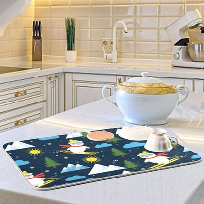 Skiing Polar Bear Tree Dish Drying Mat for Kitchen Counter Super Absorbent Draining Mat with Non-slip Backed Sink Mats for Dish Bottles Cups Bowl Draining Racks Countertops Sinks
