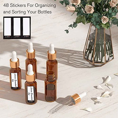 PrettyCare Glass Eye Dropper Bottles 24 Pack, 0.5oz (15ml) Small Amber Empty Thick Bottles with Leakproof Golden Caps - With Labels & Funnels for Storage, Travel, Essential Oils, Tinctures - color: 0.5oz Amber, style: 24 Pack